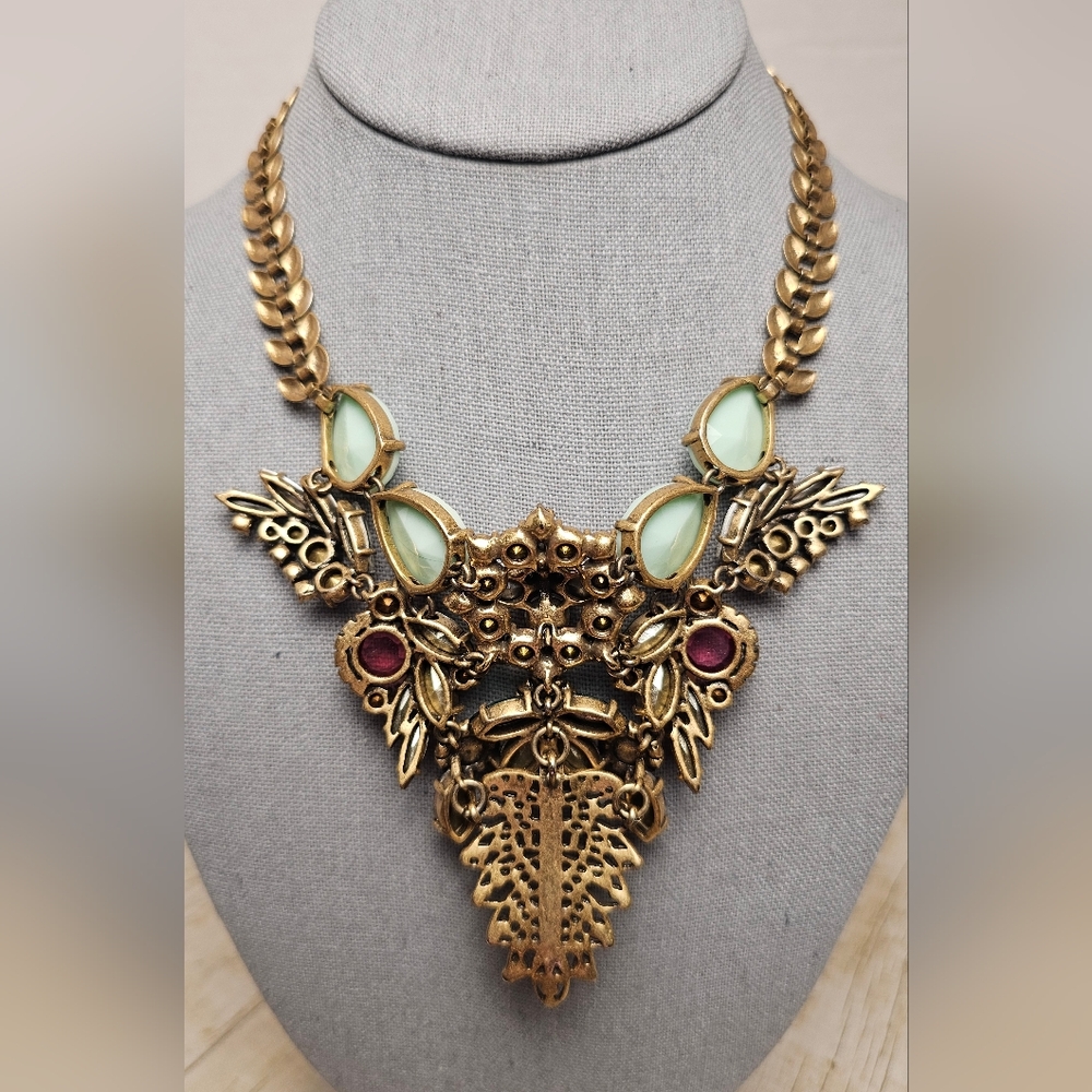 [J. CREW] Rare Vintage Multi Color Crystal Bib Statement Necklace □■ Rose Accent - Picture 2 of 16